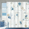 Nautical coast blue starfish shower curtain featuring sea motifs and natural textures.