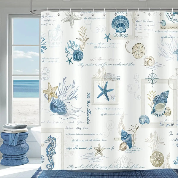 Nautical coast blue starfish shower curtain featuring sea motifs and natural textures.