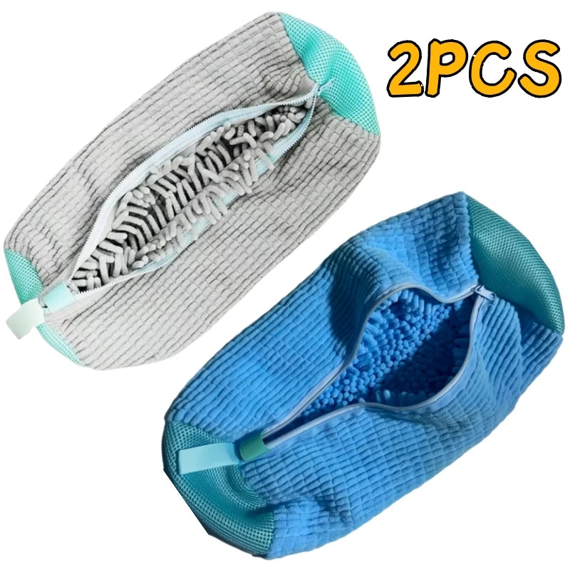 Two pairs of multi-use shoe cleaning brushes and storage bags in gray and blue.