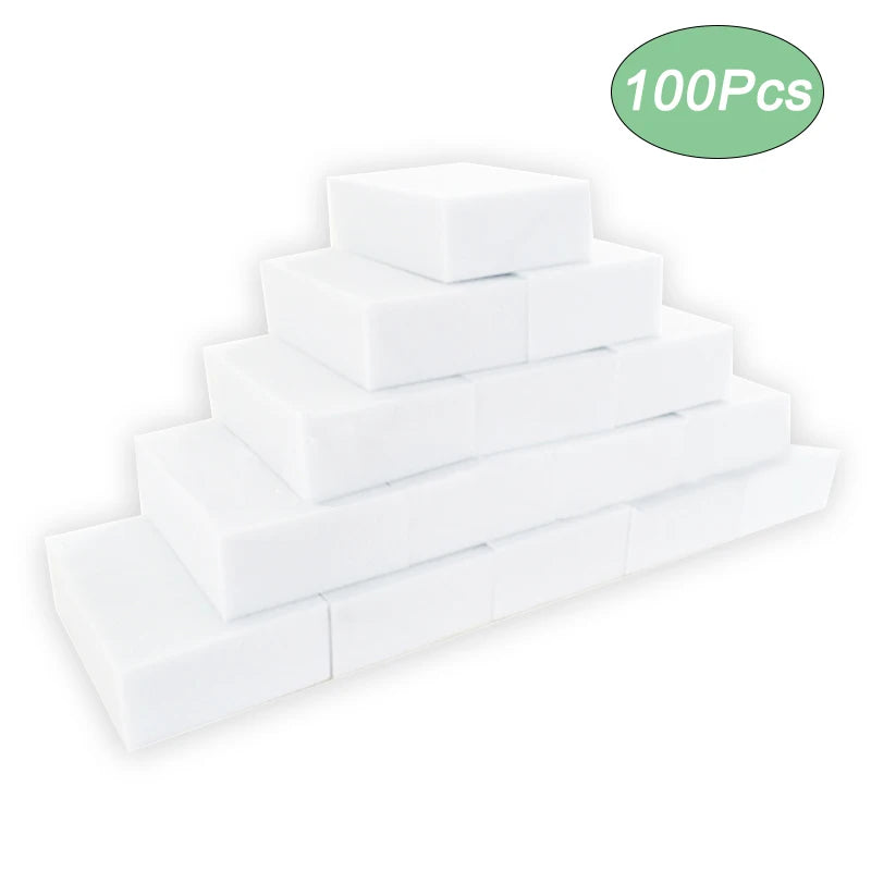 A stack of white melamine foam cleaning sponges, packaged as a 10-pack.