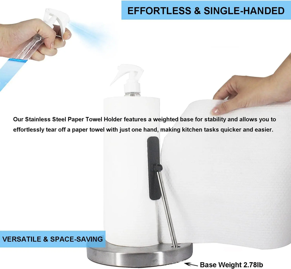 Edelstahl-Küchentuchhalter mit gewichteter Basis für einehandiges Verwenden und integriertem Sprühkopf.