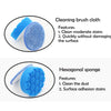 A set of cleaning brushes including a blue cleaning brush cloth and an hexagonal sponge for various cleaning tasks.