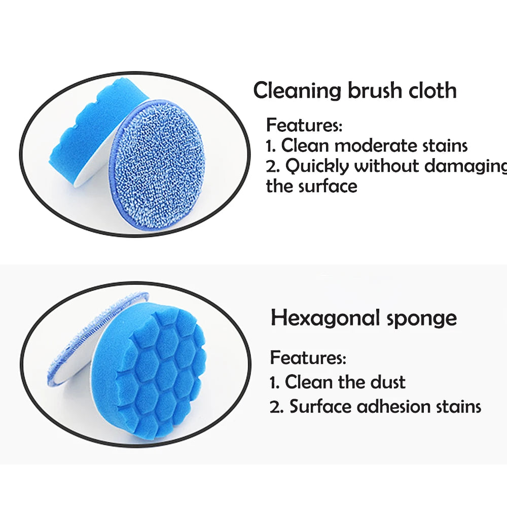 A set of cleaning brushes including a blue cleaning brush cloth and an hexagonal sponge for various cleaning tasks.