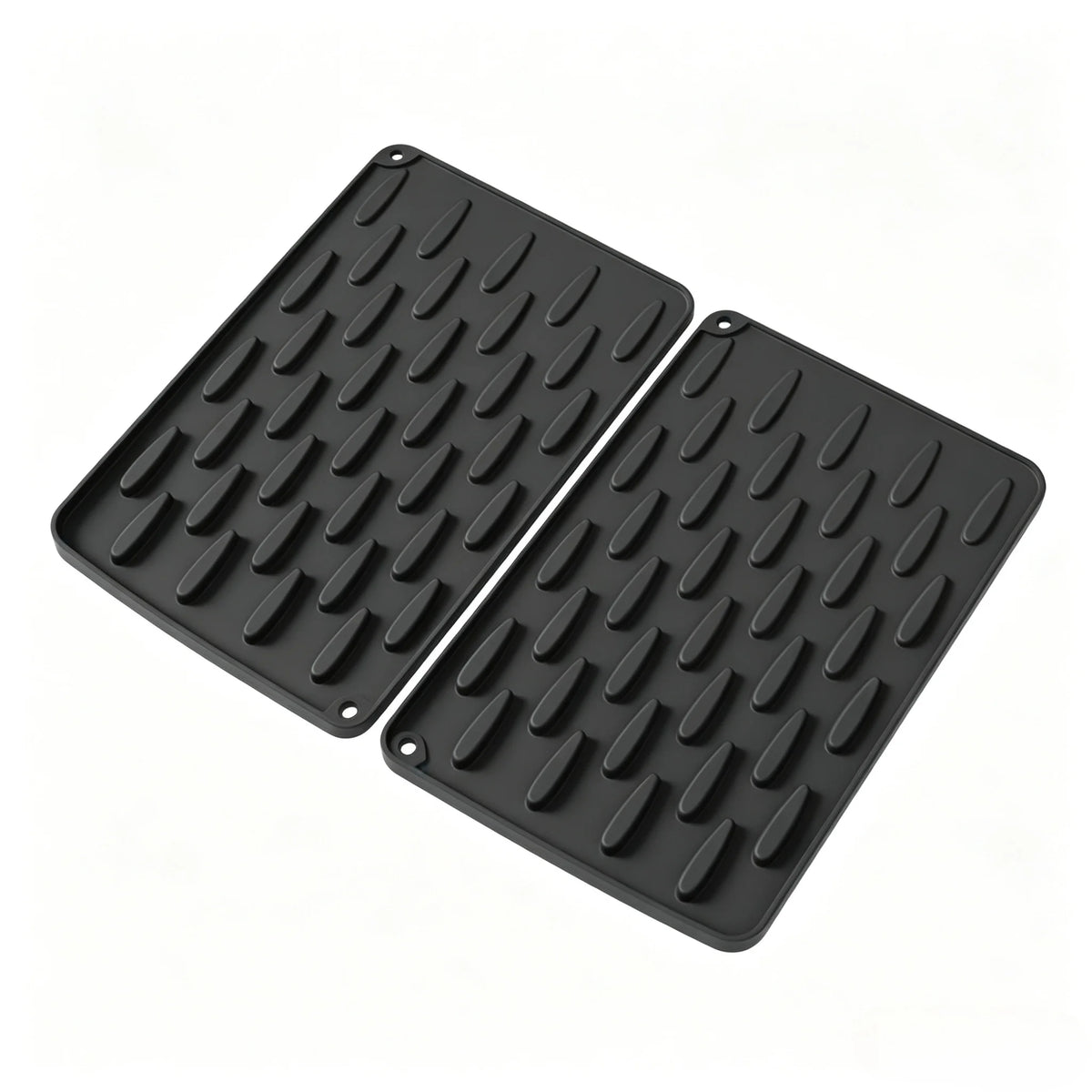 Black silicone drain mat with textured ridges for kitchen and household surfaces