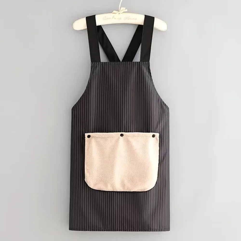 Black and white striped waterproof sleeveless kitchen apron with a removable beige hand towel