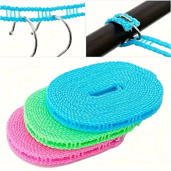 A stack of brightly colored, textured anti-slip clothesline drying ropes in blue, green, and pink.
