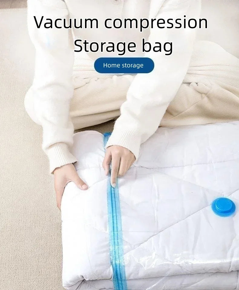A person is using a hand pump to compress a storage bag for clothing or bedding.