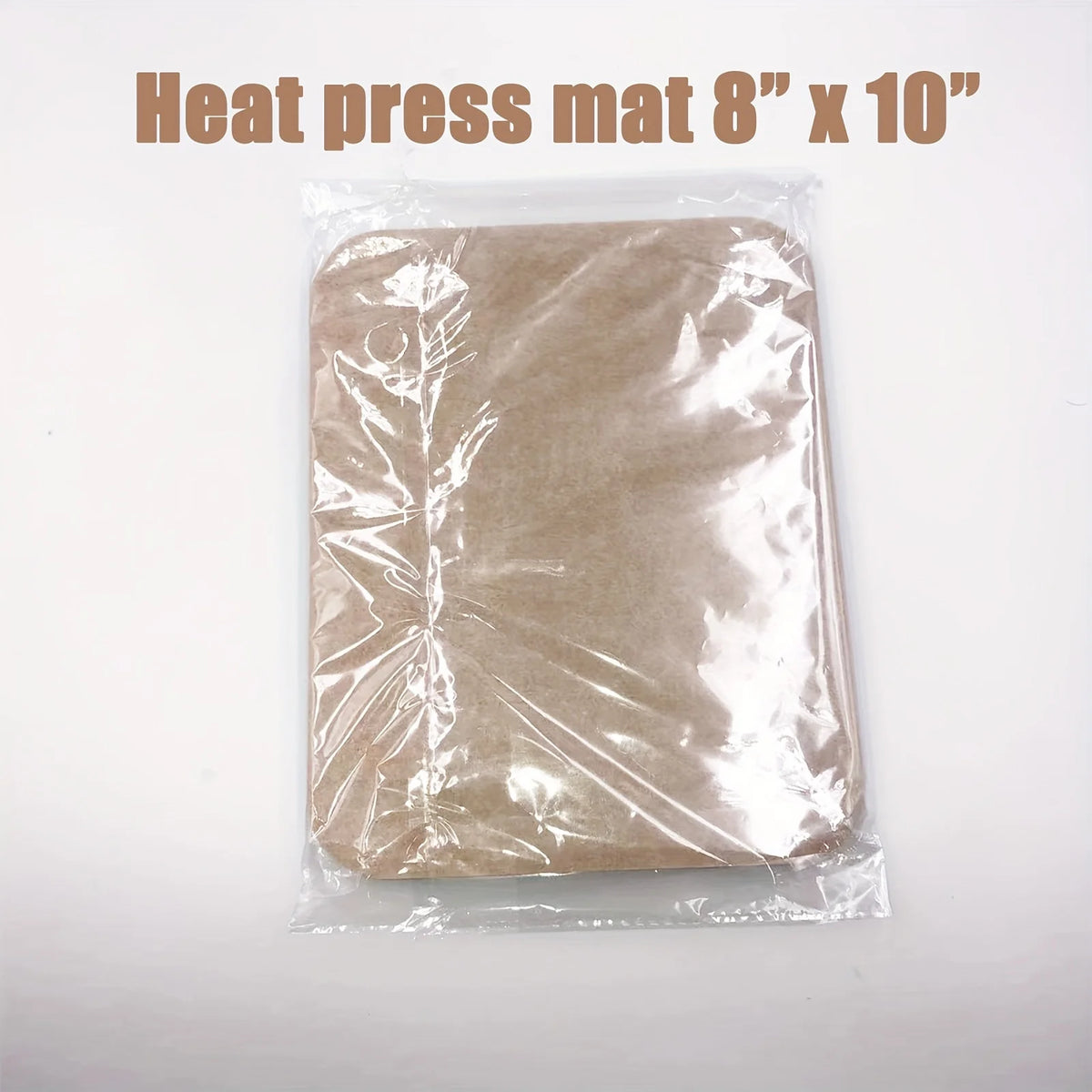 A sealed package of an 8" x 10" heat press mat made of natural wool felt.