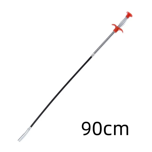 A long, thin drain auger with a claw hook tip and red handle for removing hair and debris.