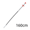A long, thin drain auger with a claw hook tip, colored red and black.