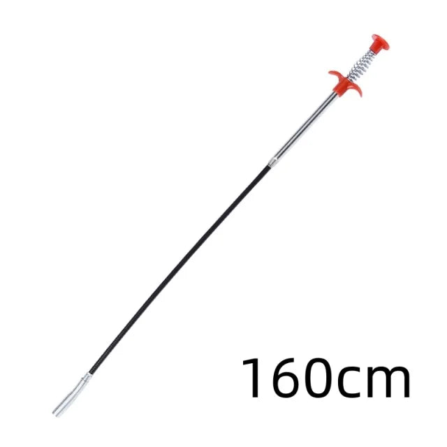 A long, thin drain auger with a claw hook tip, colored red and black.