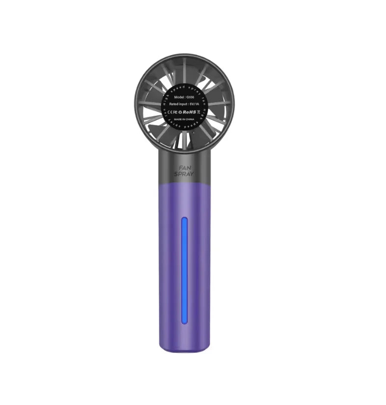 A purple portable handheld cooling fan with a black grille and blue accents.