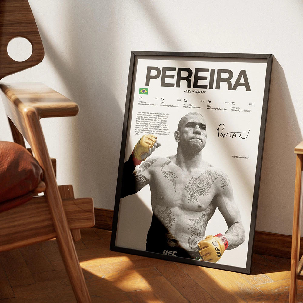 A framed black and white canvas art print featuring a portrait of the UFC Fighter Champion Pereira.