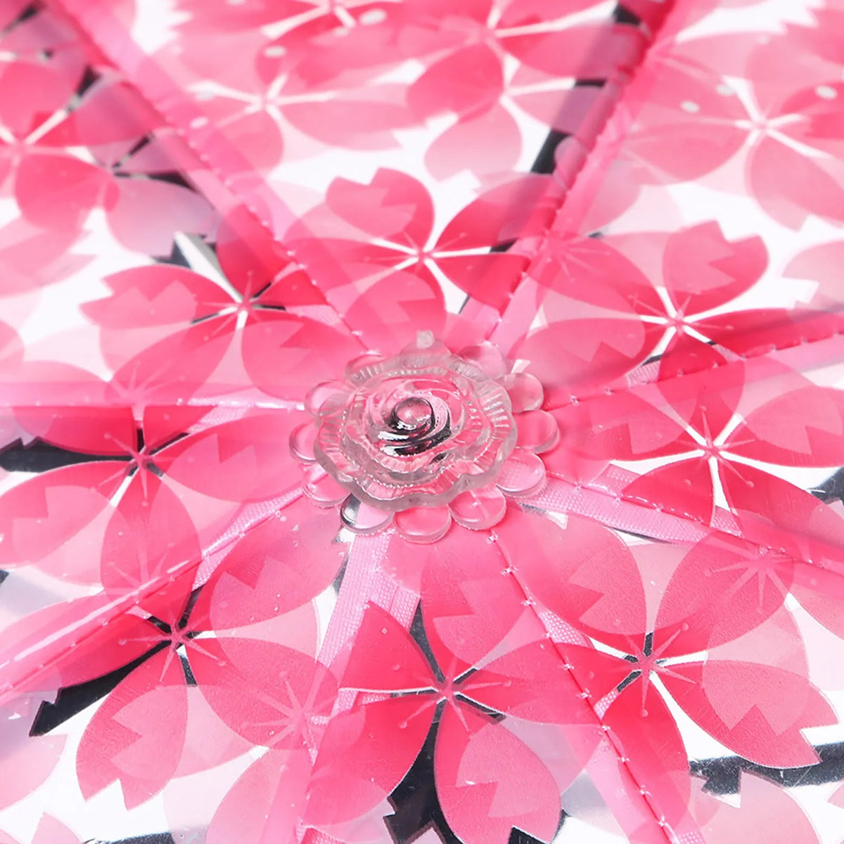 Nahaufnahme eines rosa 3-fach klaren Regenschirms mit Blumenmuster.