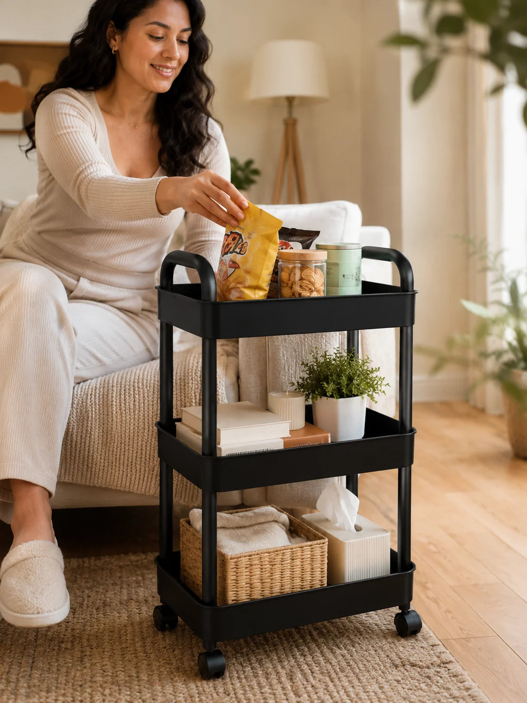 A woman is using a black 3-tier rolling storage cart to organize snacks and items on a light rug.