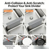 Before and after images showing a silicone sink divider protecting the sink from collisions and scratches.