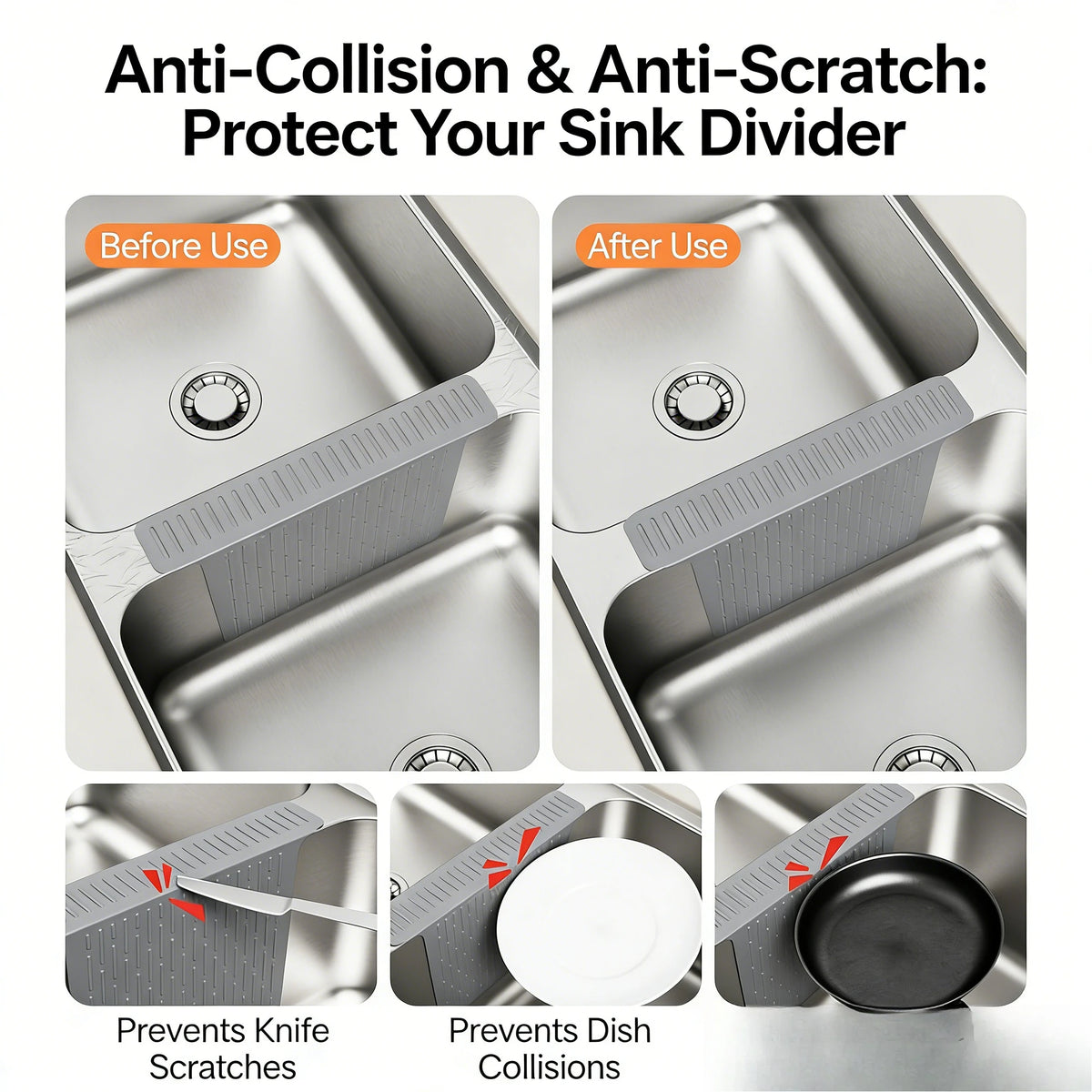 Before and after images showing a silicone sink divider protecting the sink from collisions and scratches.