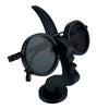 A black minimalist 3D printed profile eyeglass stand with two circular holders.