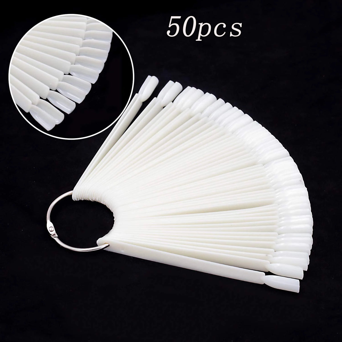 A fan-shaped set of white false nails for practice, showing the tips and a full display.
