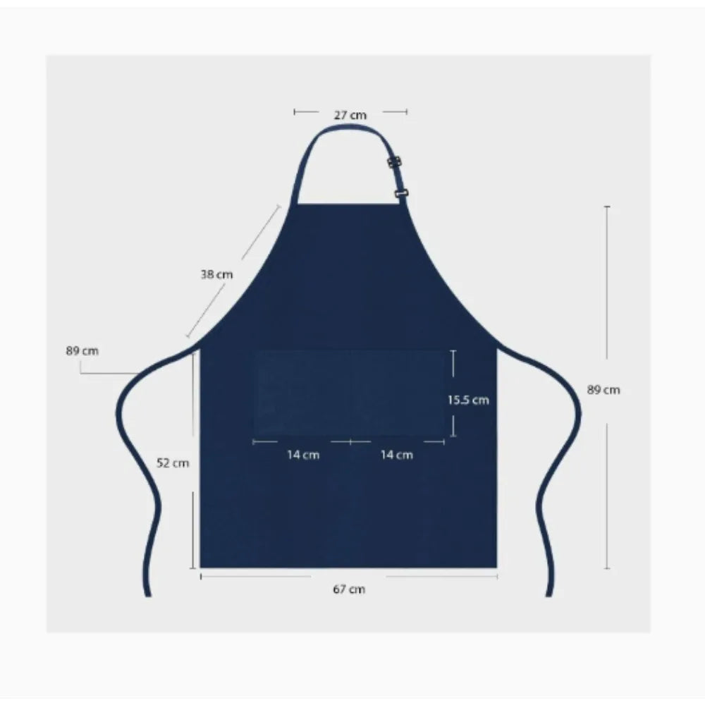 A dark blue water-resistant bib apron shown flat with dimensions and strap details.