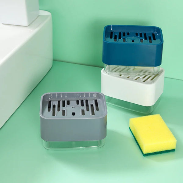A set of kitchen dish soap dispensers in blue and white, including a sponge holder.