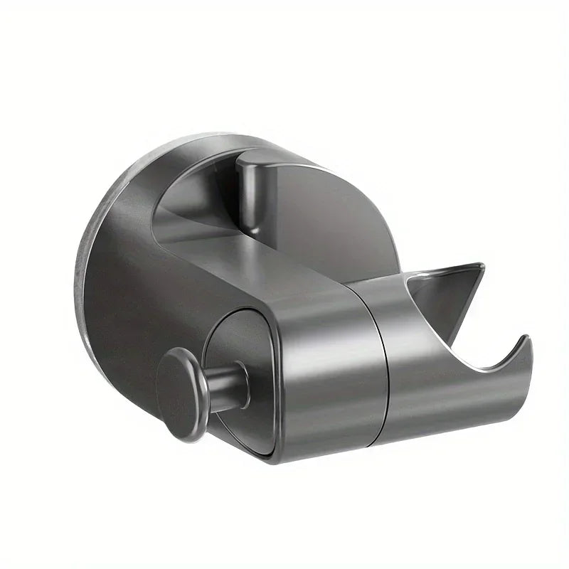 A modern, matte gray no-drill adjustable suction cup shower head holder.