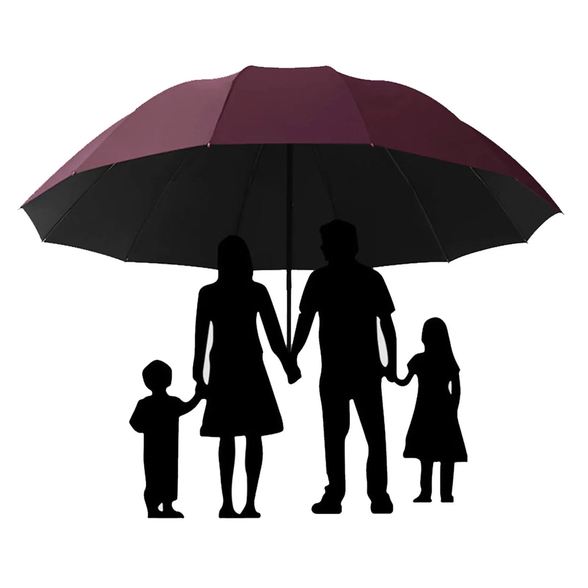 Ein schwarzer Regenschirm, der geöffnet ist, mit einer vierköpfigen Familie darunter stehend.