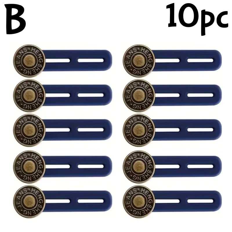Ten pairs of adjustable metal jeans buckle extenders in gold and blue.