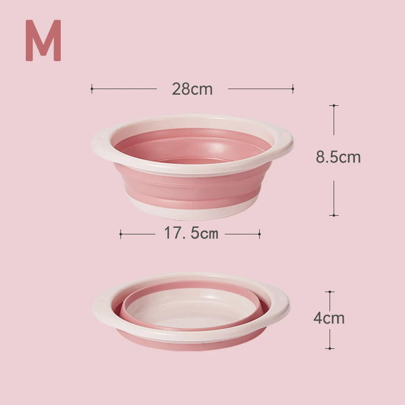 Recipiente plegable portátil de lavandería rosa, con dimensiones de 28 cm y 8.5 cm.
