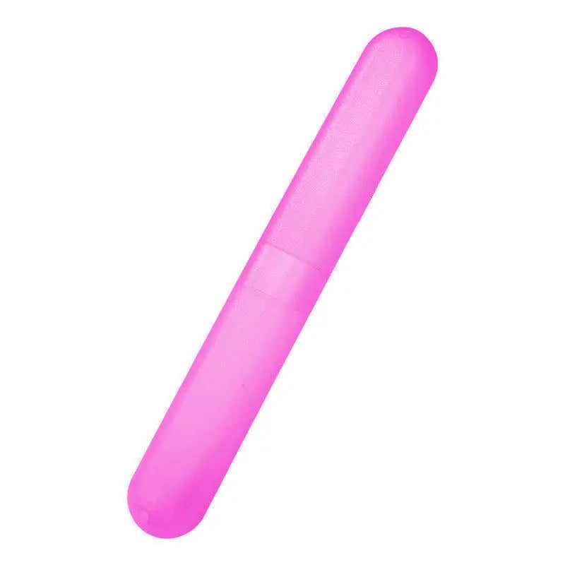 A bright pink portable toothbrush storage case shown in a diagonal view.