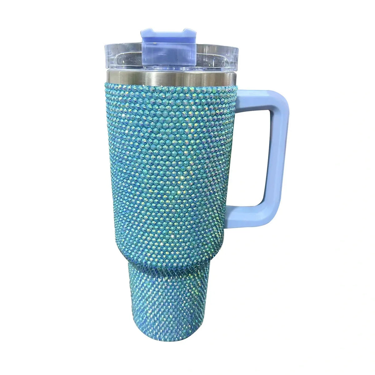 Termo aislado de acero inoxidable con circonitas turquesa y tapa/asa azul.