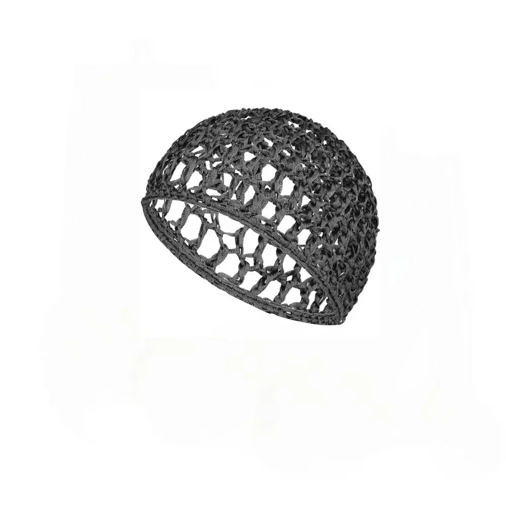 A dark gray, spherical mesh wig cap designed for hair and turban wear.