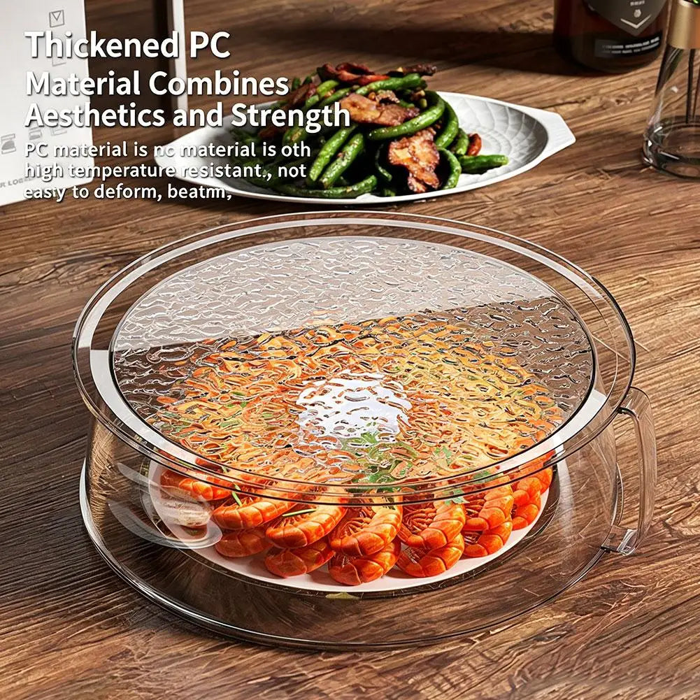 Clear microwave splatter guard with a heat-resistant handle covering food