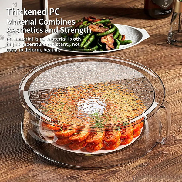Clear microwave splatter guard with a heat-resistant handle covering food