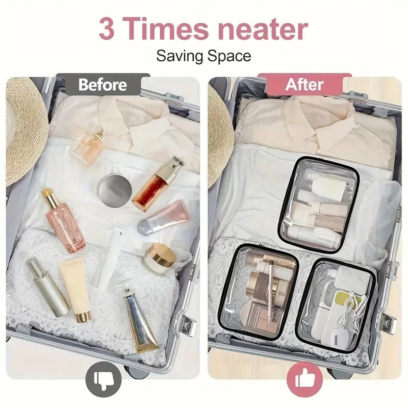 Before and after comparison of a clear zipper tote bag used as a travel organizer for toiletries and makeup.