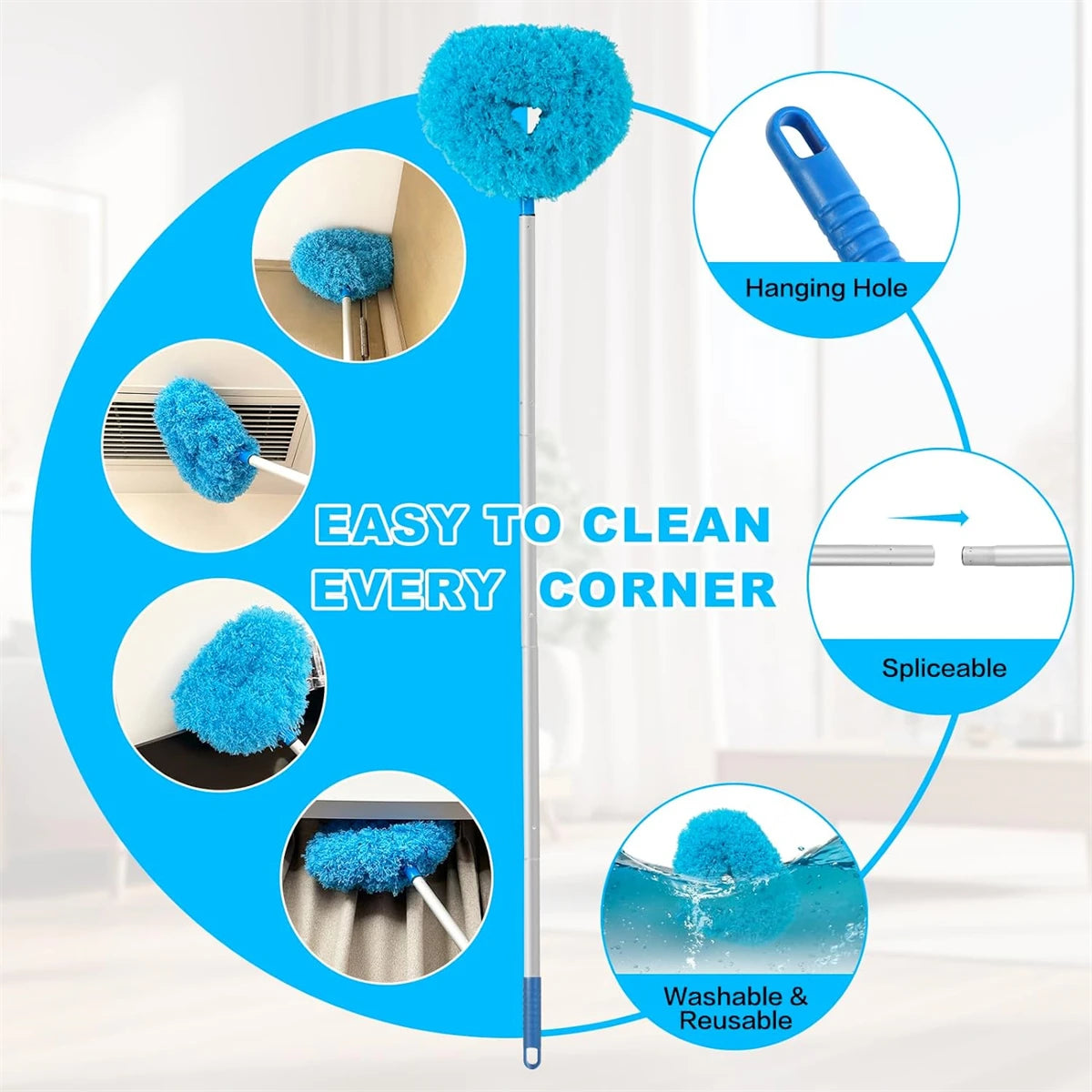 A long, blue extendable duster with a fluffy blue head, showing features like a hanging hole and a sliceable tip.