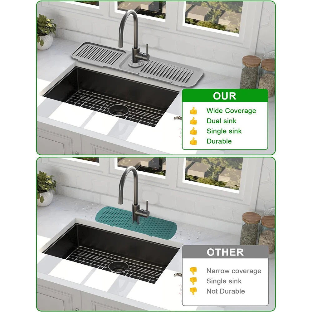 Comparison of a black sink with a silicone splash guard mat, highlighting features like coverage and durability.