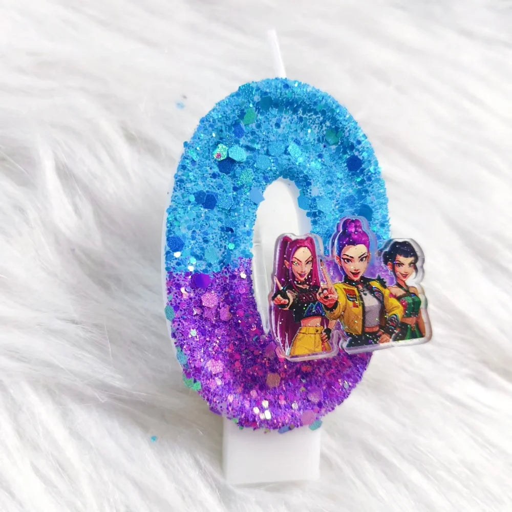 A birthday candle shaped like the number 9, featuring a gradient of blue and purple glitter.