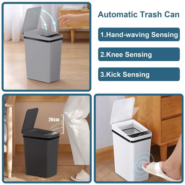 Automatische Mülleimerdemonstration mit Hand- und Kniestell- sowie Kick-Sensoren für Küche und Bad.