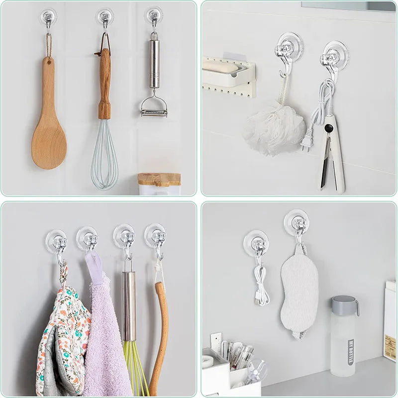A collection of heavy duty clear suction cup hooks for shower and window use, including various shapes and sizes.