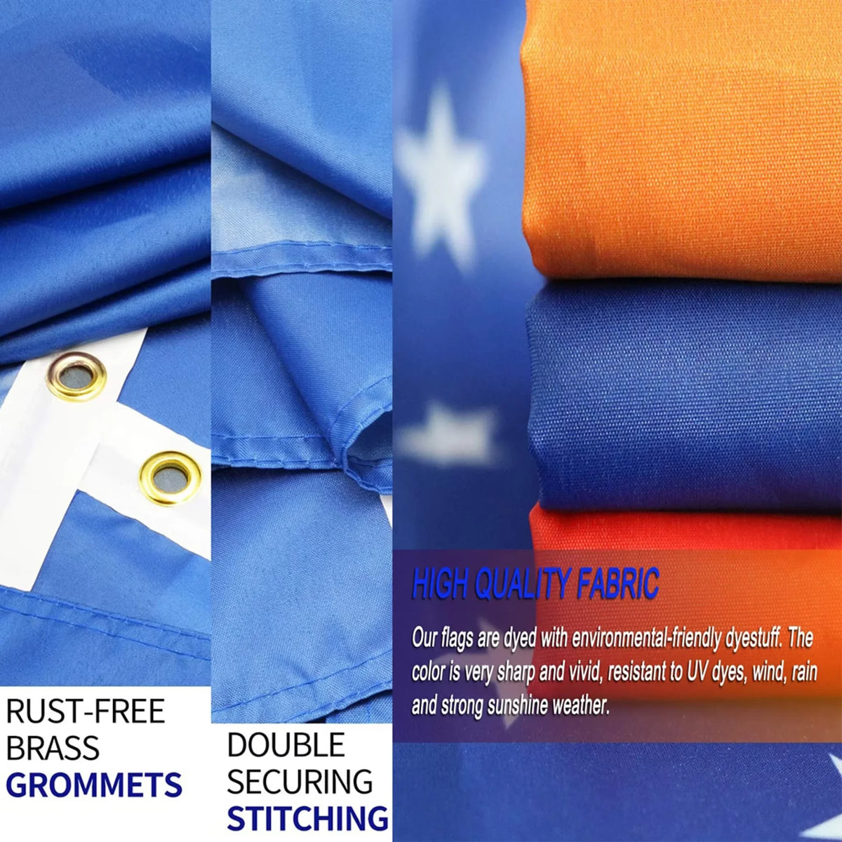 Close-up of fabric swatches showing blue and orange colors with rust-free brass grommets and stitching for flag tapestry deco