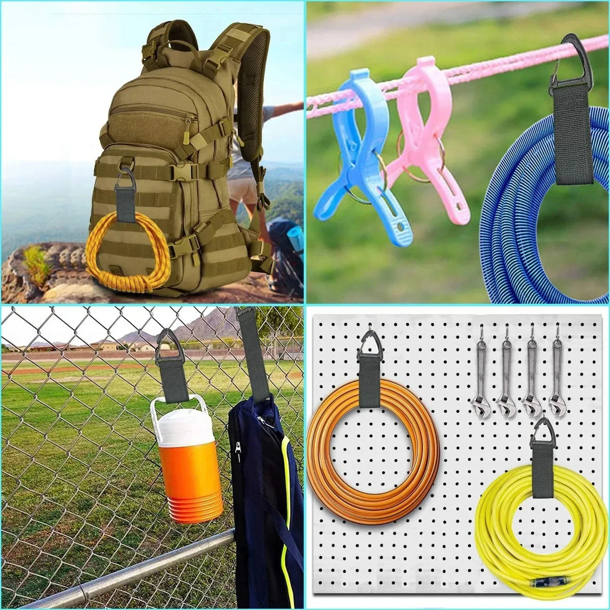 A collection of heavy-duty nylon cord and hose organizer straps in various colors, including green, blue, pink, and yellow.
