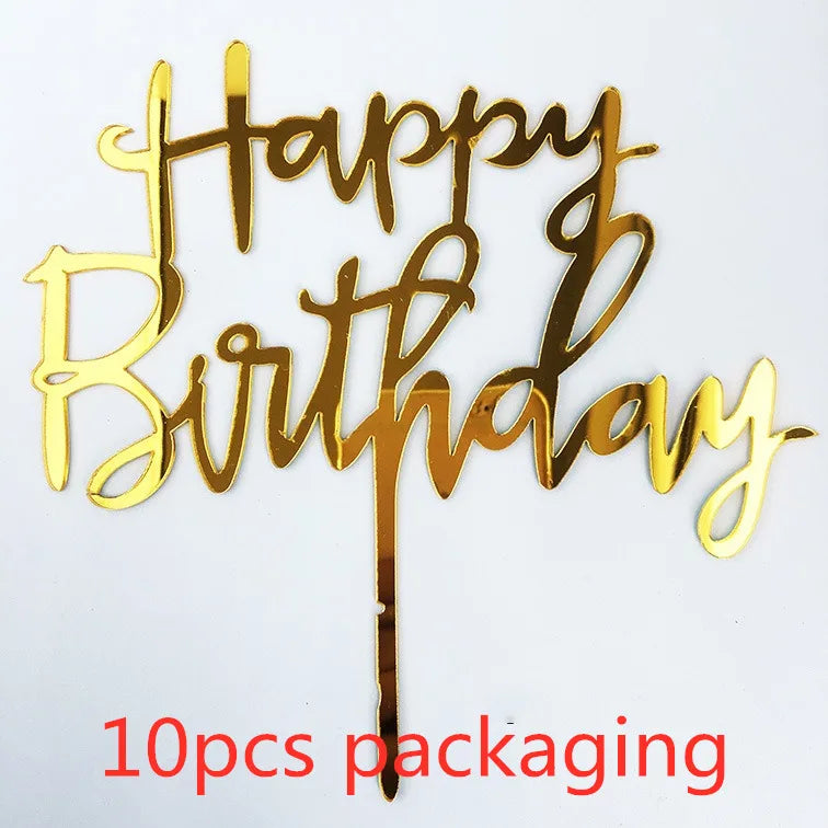 Gold acrylic birthday cake toppers spelling out Happy Birthday