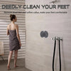 A woman stands next to a wall-mounted shower foot scrubber, demonstrating its use for cleaning and softening feet.