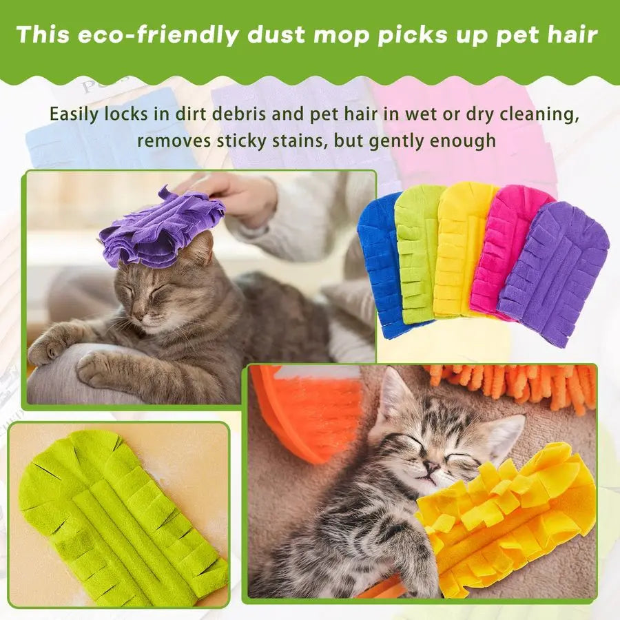 Reusable electrostatic dust mop picks up pet hair and dirt debris in wet or dry cleaning