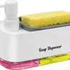 Distributeur de savon blanc avec base rose et barre de savon jaune, équipé d'une pompe.
