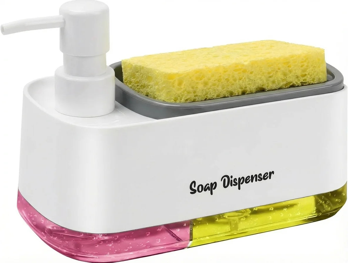 Distributeur de savon blanc avec base rose et barre de savon jaune, équipé d'une pompe.