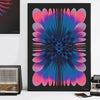 Abstract futurism canvas wall art print featuring a vibrant radial design of pink and blue petals on a black background