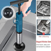 A hand is operating a blue and black kitchen sink unblocker device, shown with before and after results.
