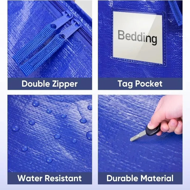 Close-up shots of a blue heavy duty bag showing double zipper, tag pocket, water resistance, and durable material.